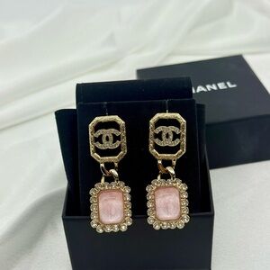CHANEL Gold CC Pink Crystal Statement Dangle Earrings